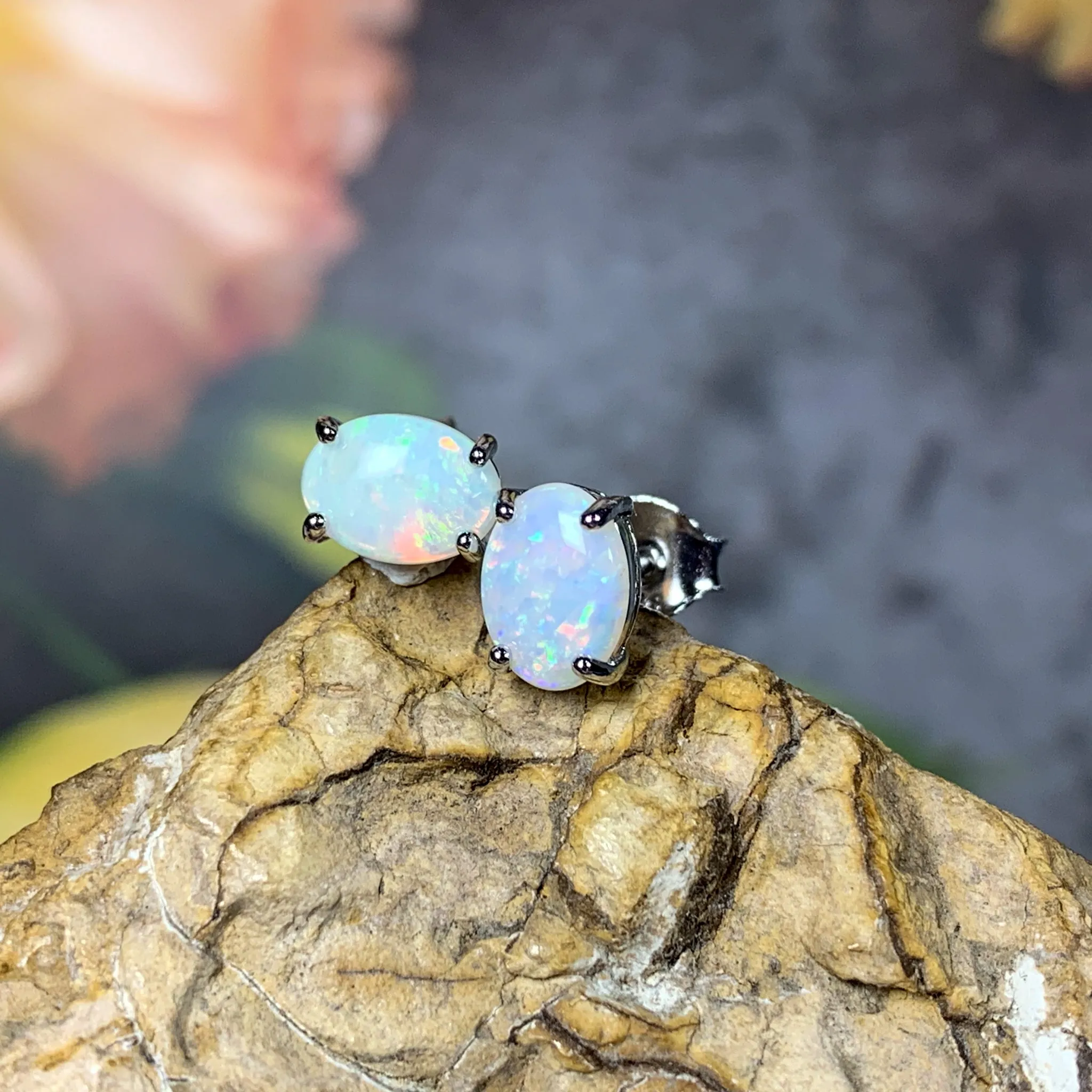 Sterling Silver 7x5mm White Opal claw studs