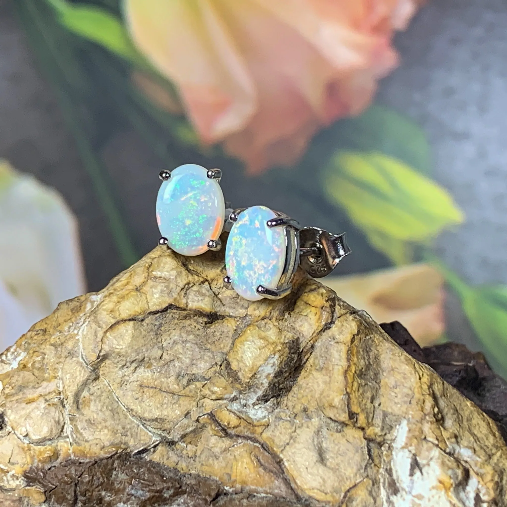 Sterling Silver 8x6mm White Opal studs