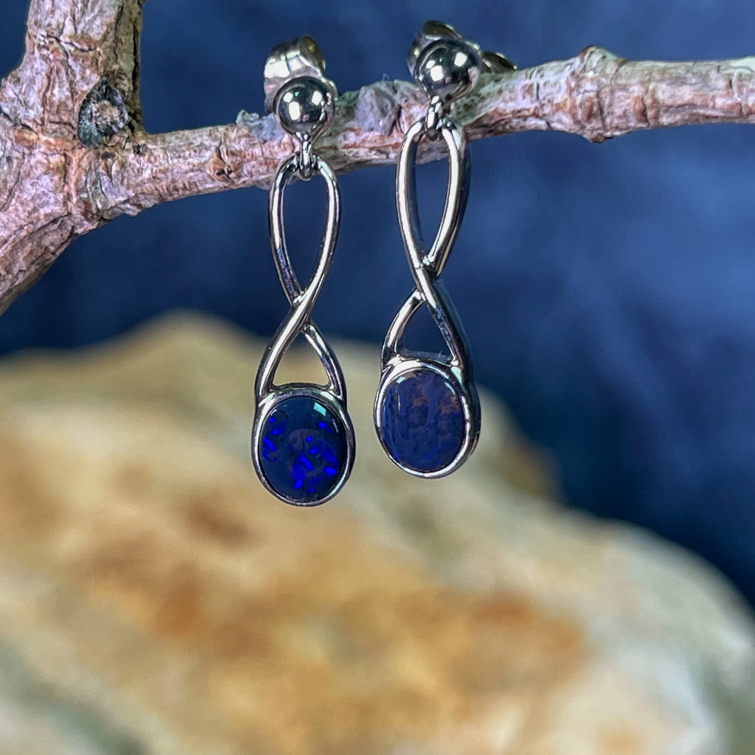 Sterling Silver Black Opal dangling earrigns cross pattern
