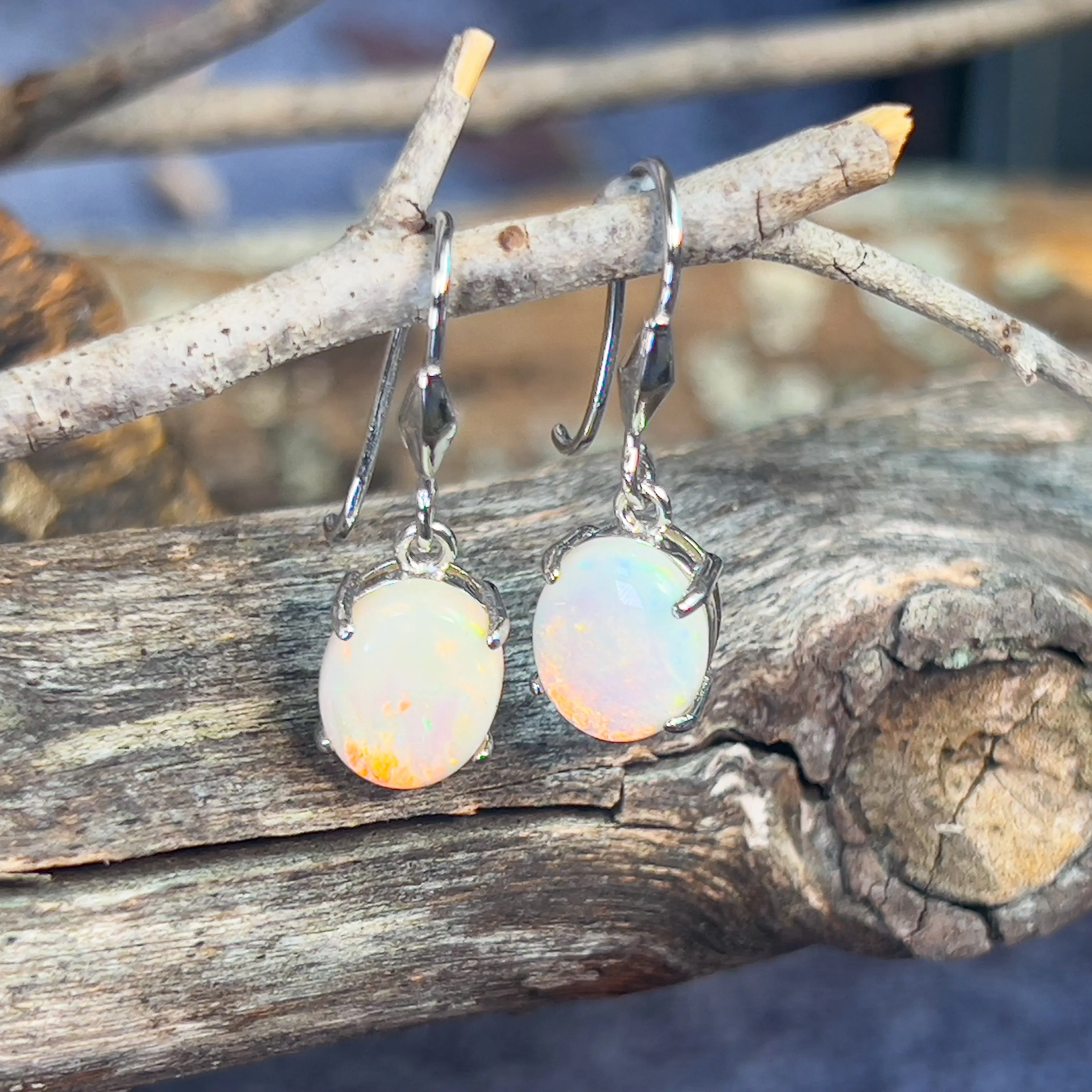 Sterling Silver dangling 10x8mm White Opal earrings