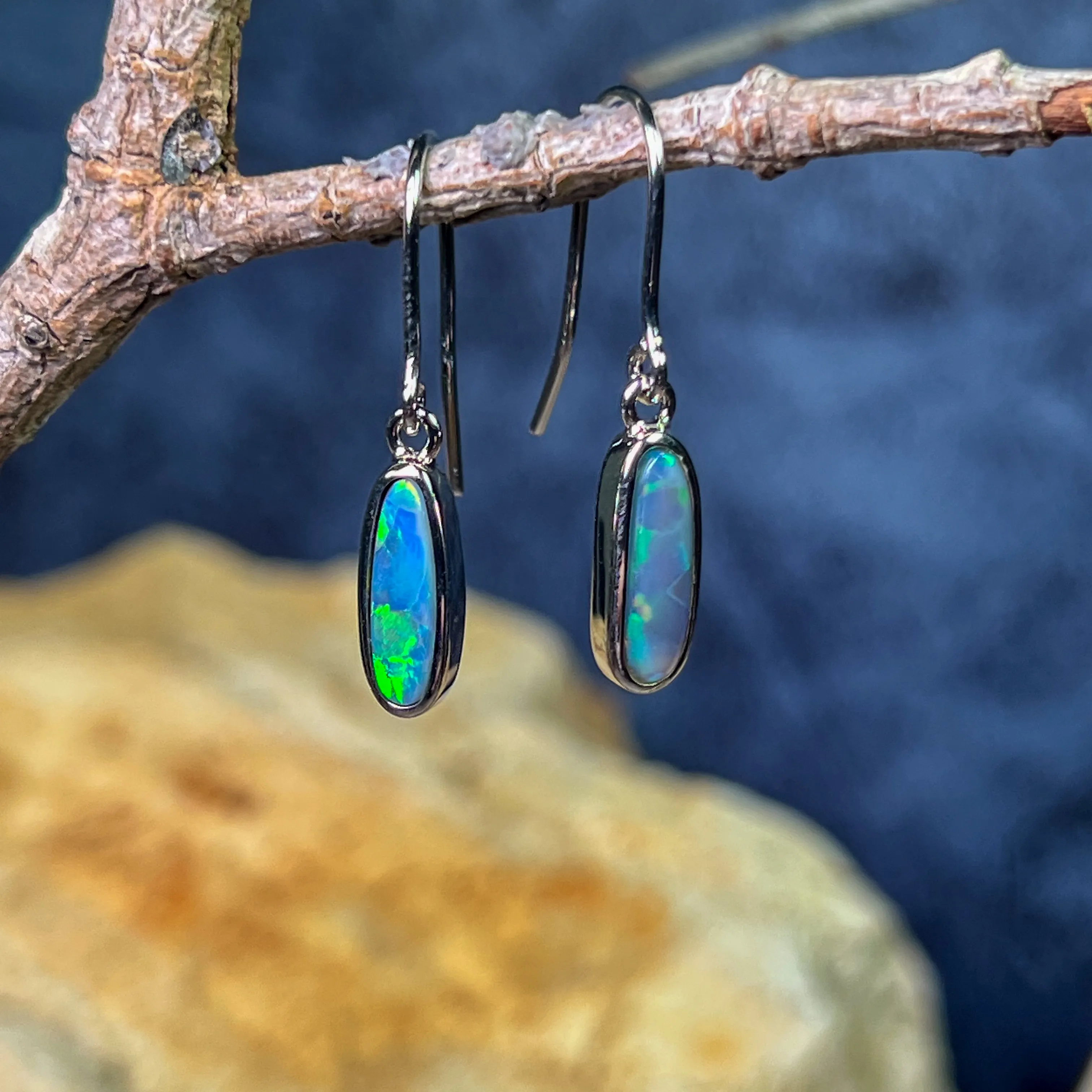 Sterling Silver dangling Black Opal Green Oval earrings