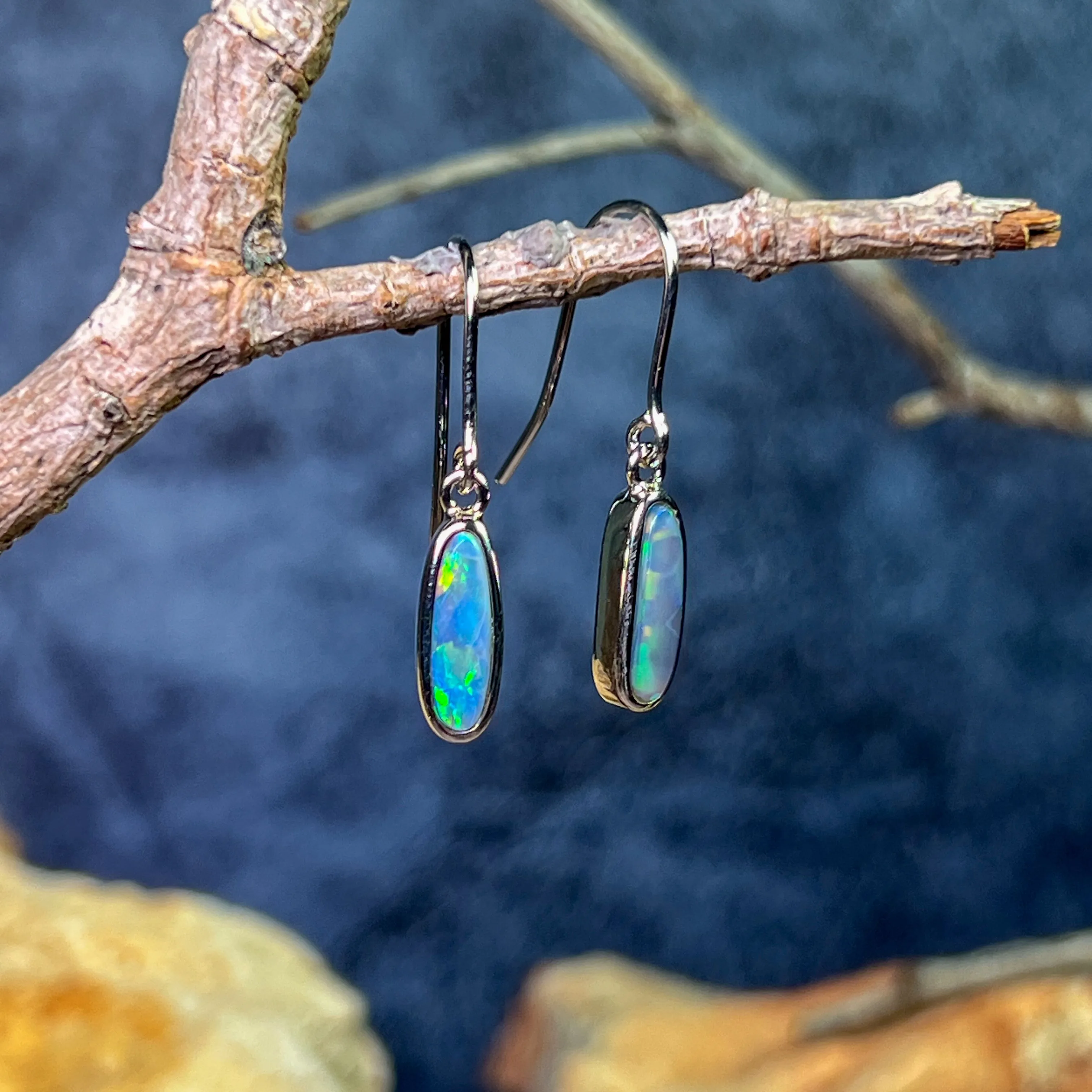 Sterling Silver dangling Black Opal Green Oval earrings