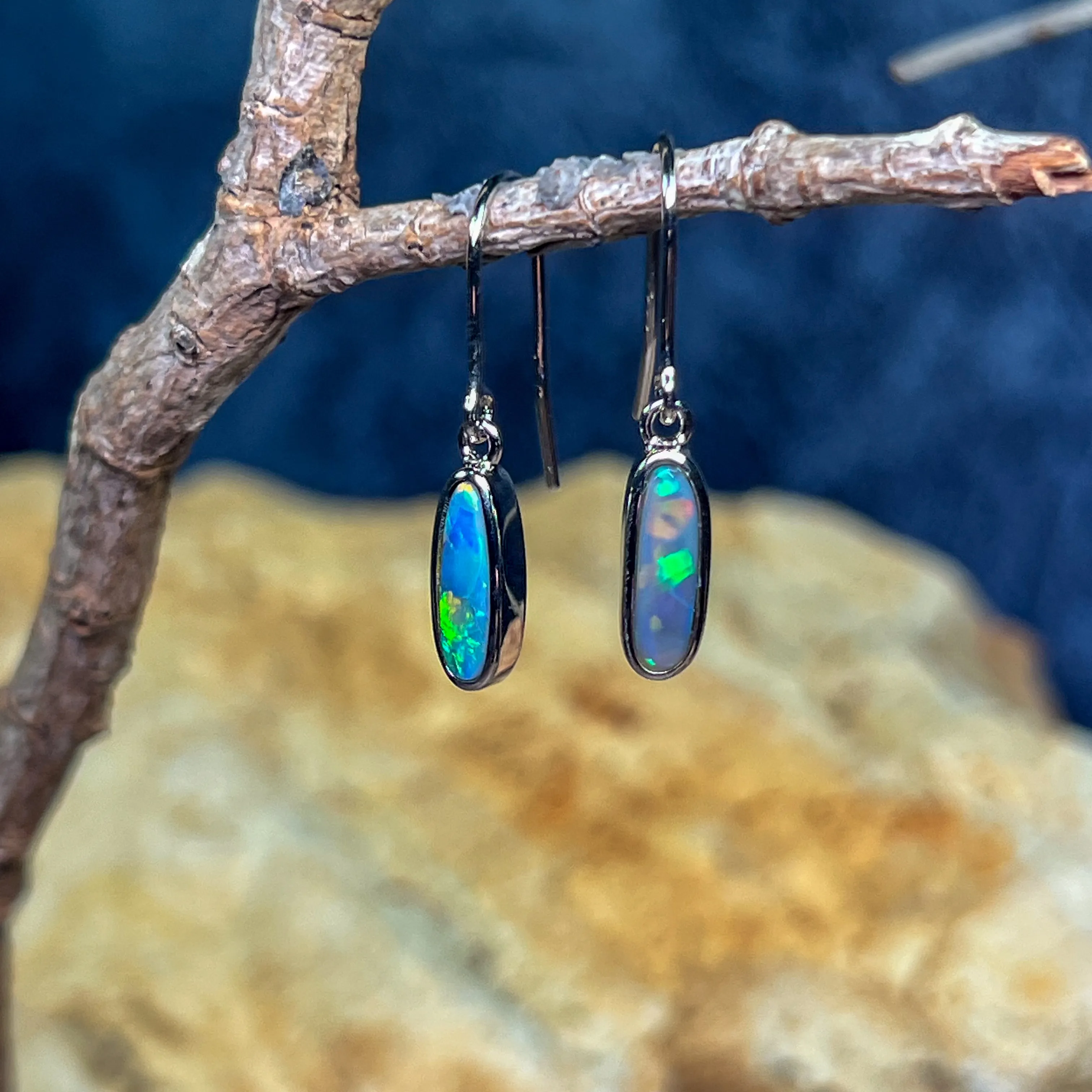 Sterling Silver dangling Black Opal Green Oval earrings