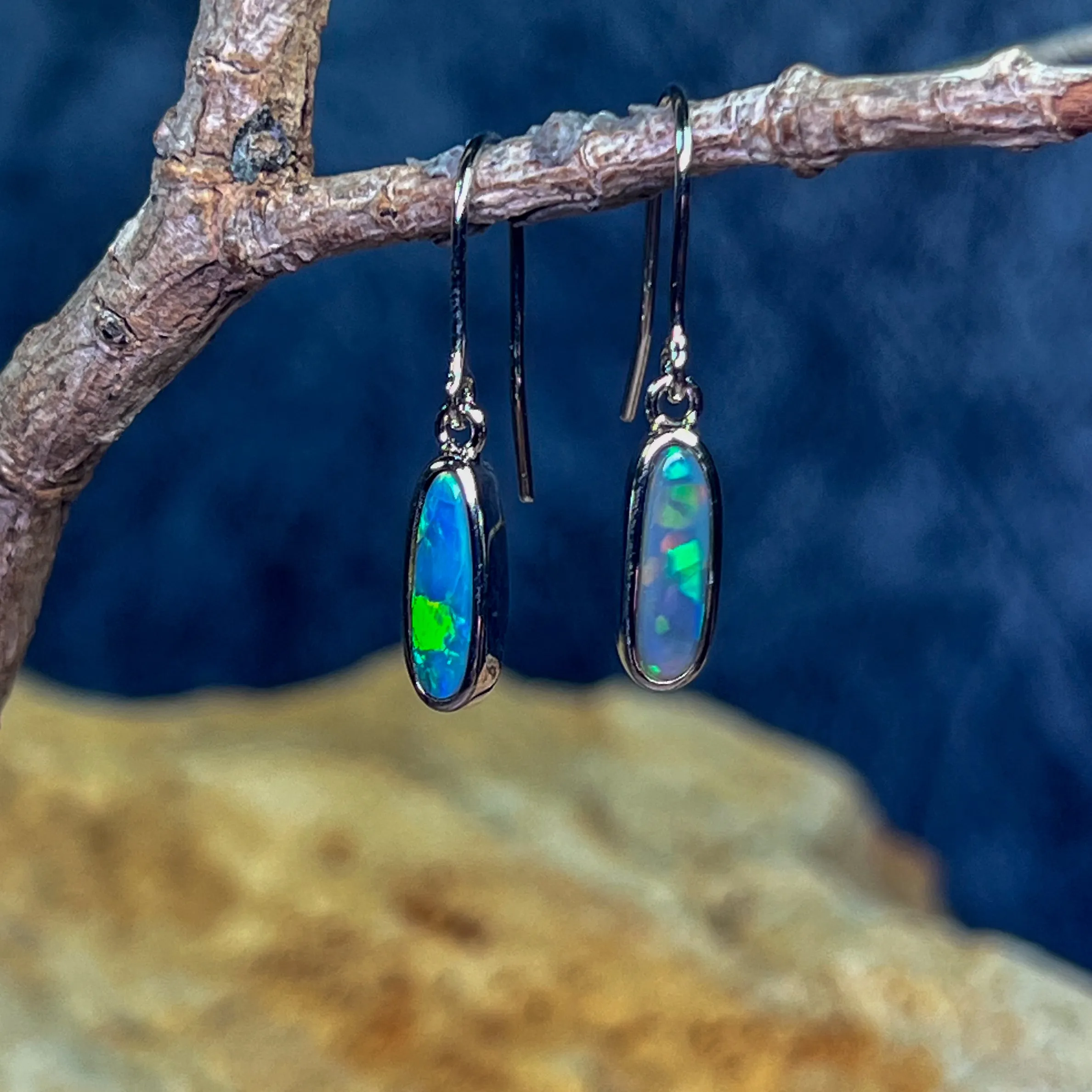 Sterling Silver dangling Black Opal Green Oval earrings