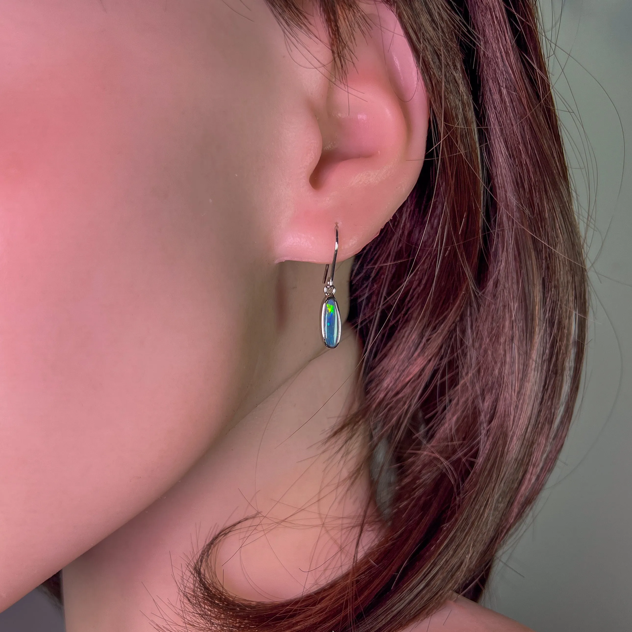Sterling Silver dangling Black Opal Green Oval earrings
