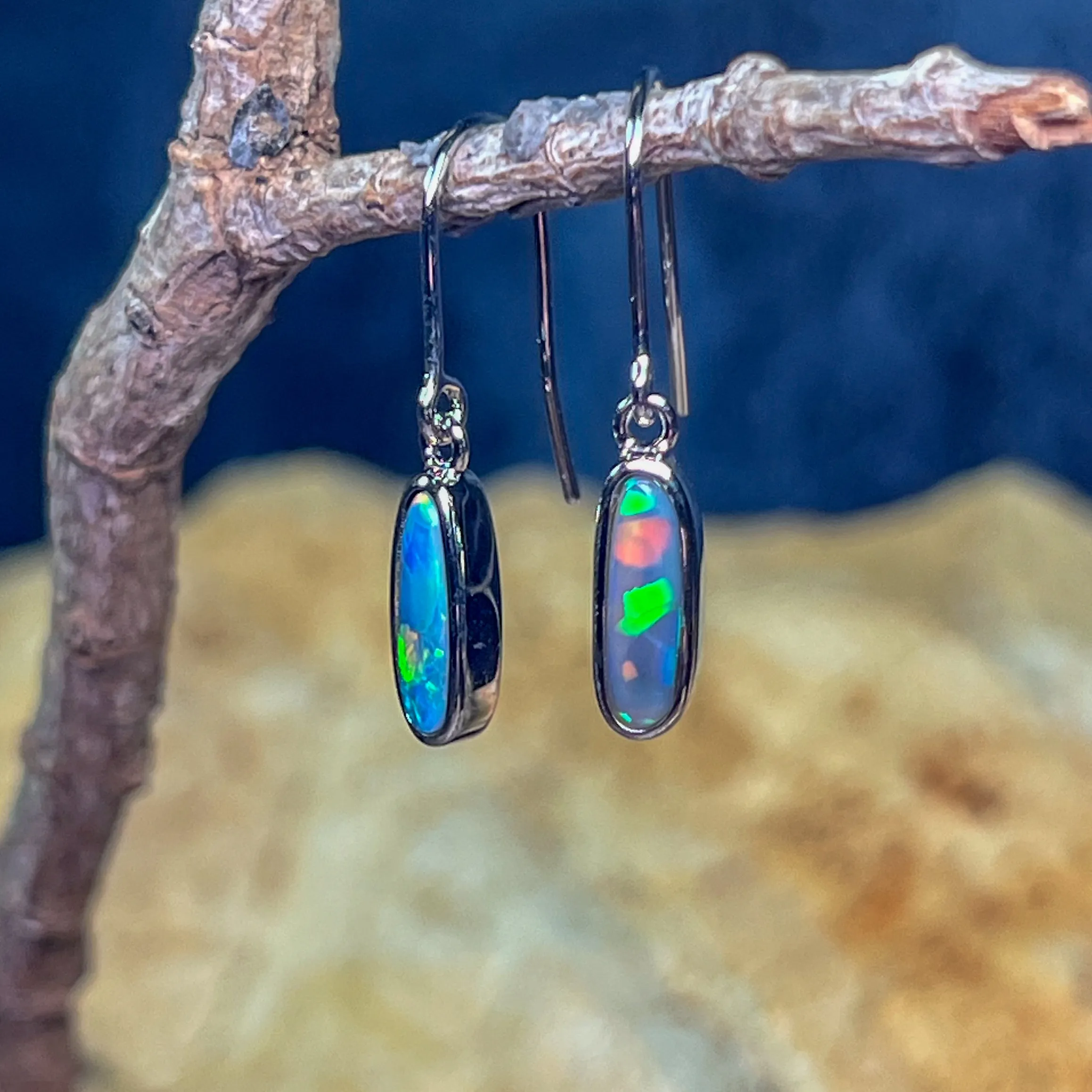 Sterling Silver dangling Black Opal Green Oval earrings