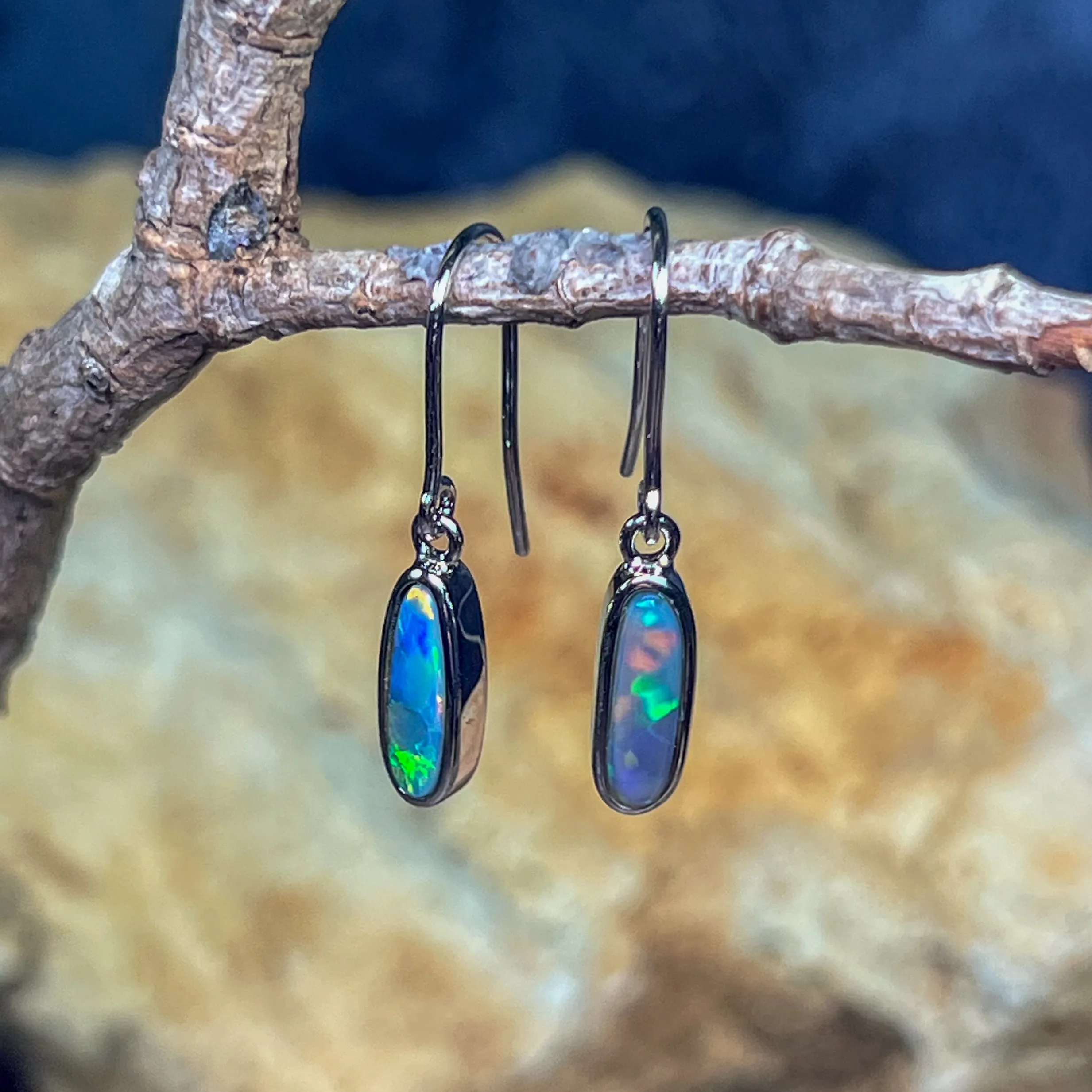 Sterling Silver dangling Black Opal Green Oval earrings