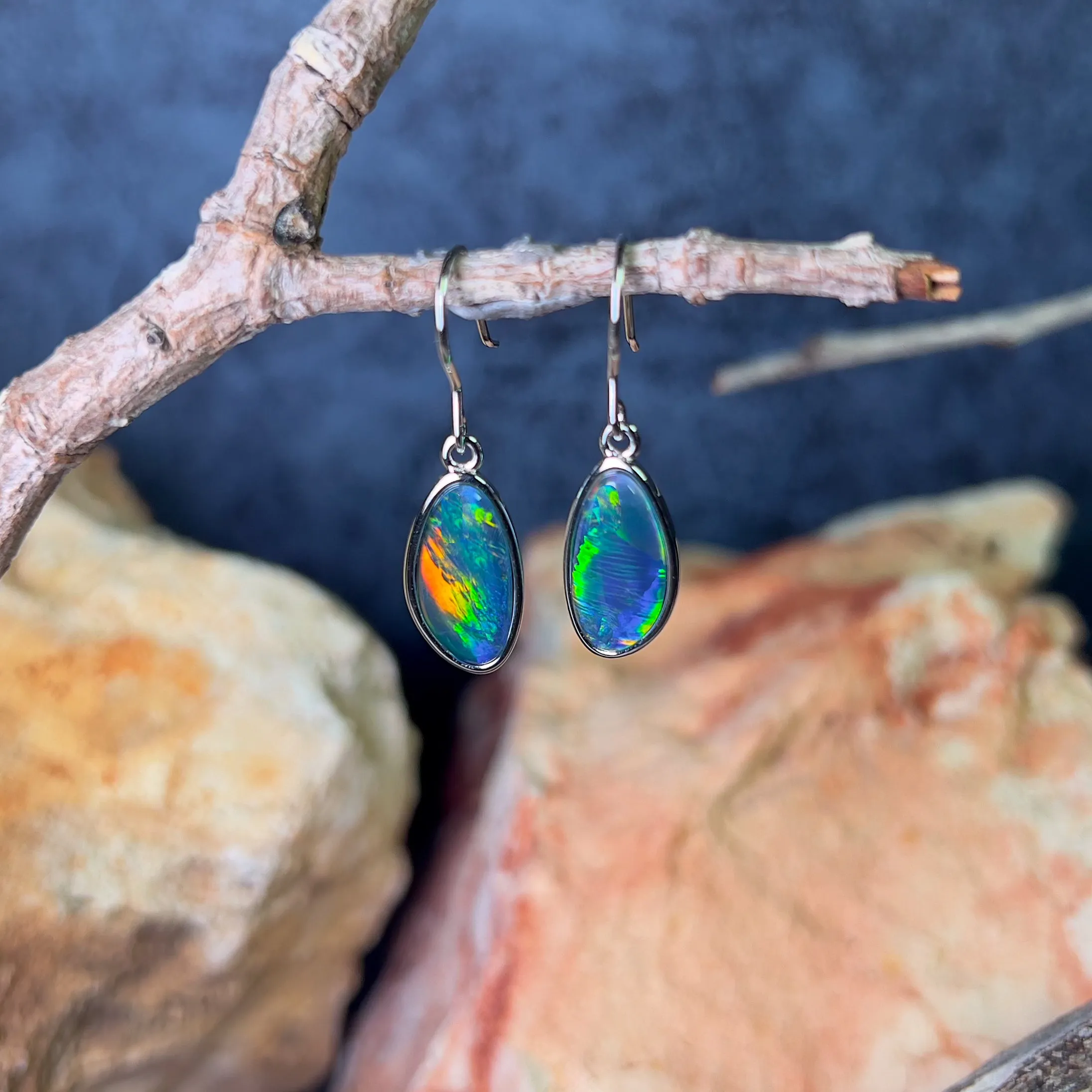 Sterling Silver dangling Freeform shape Opal triplet earrings 16x8mm