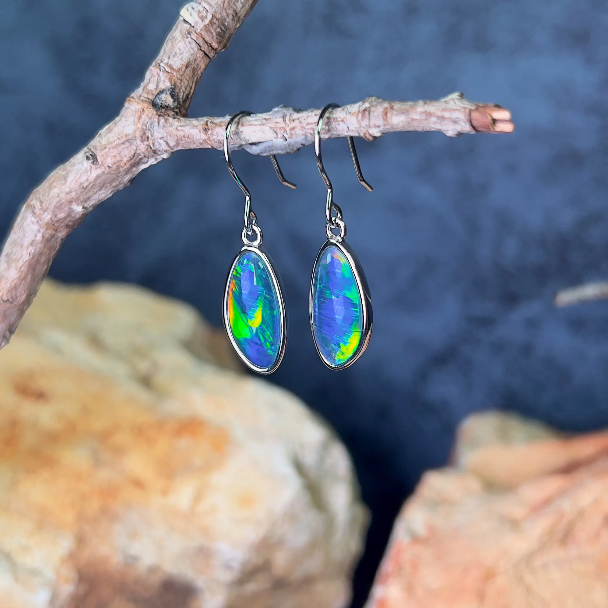 Sterling Silver dangling Freeform shape Opal triplet earrings 16x8mm