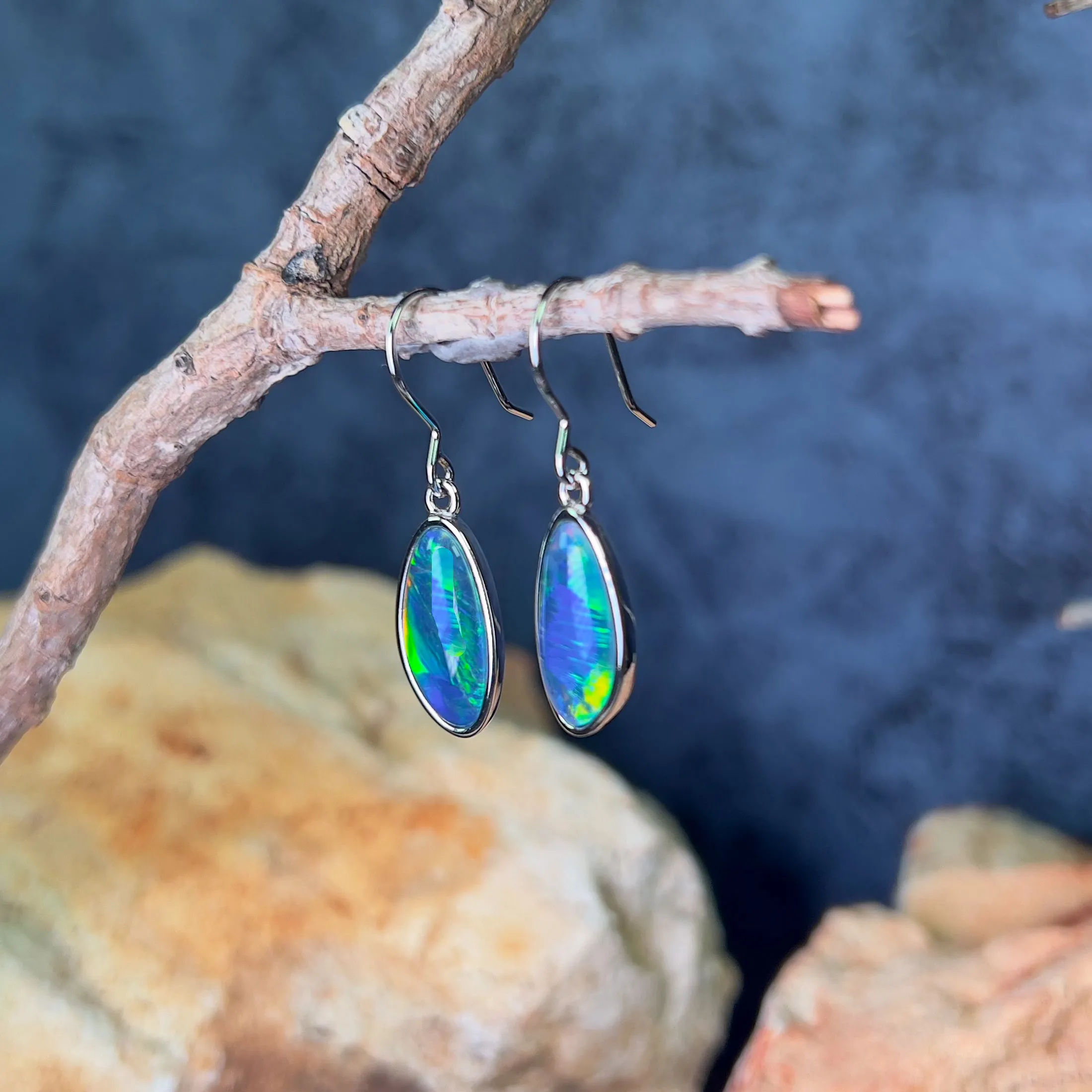 Sterling Silver dangling Freeform shape Opal triplet earrings 16x8mm