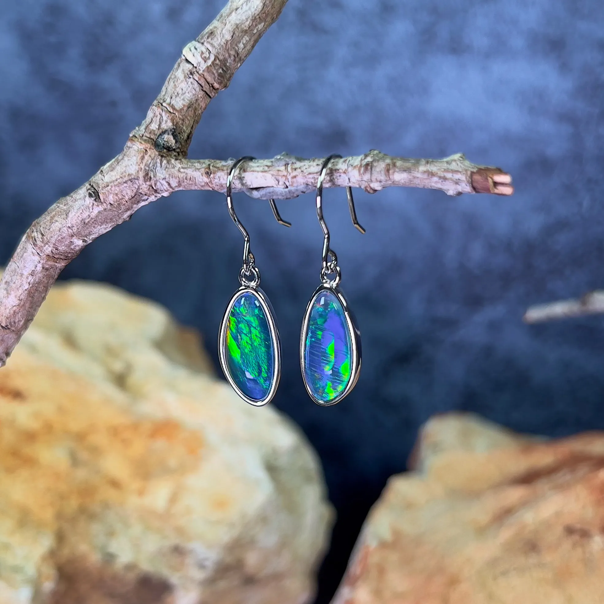 Sterling Silver dangling Freeform shape Opal triplet earrings 16x8mm