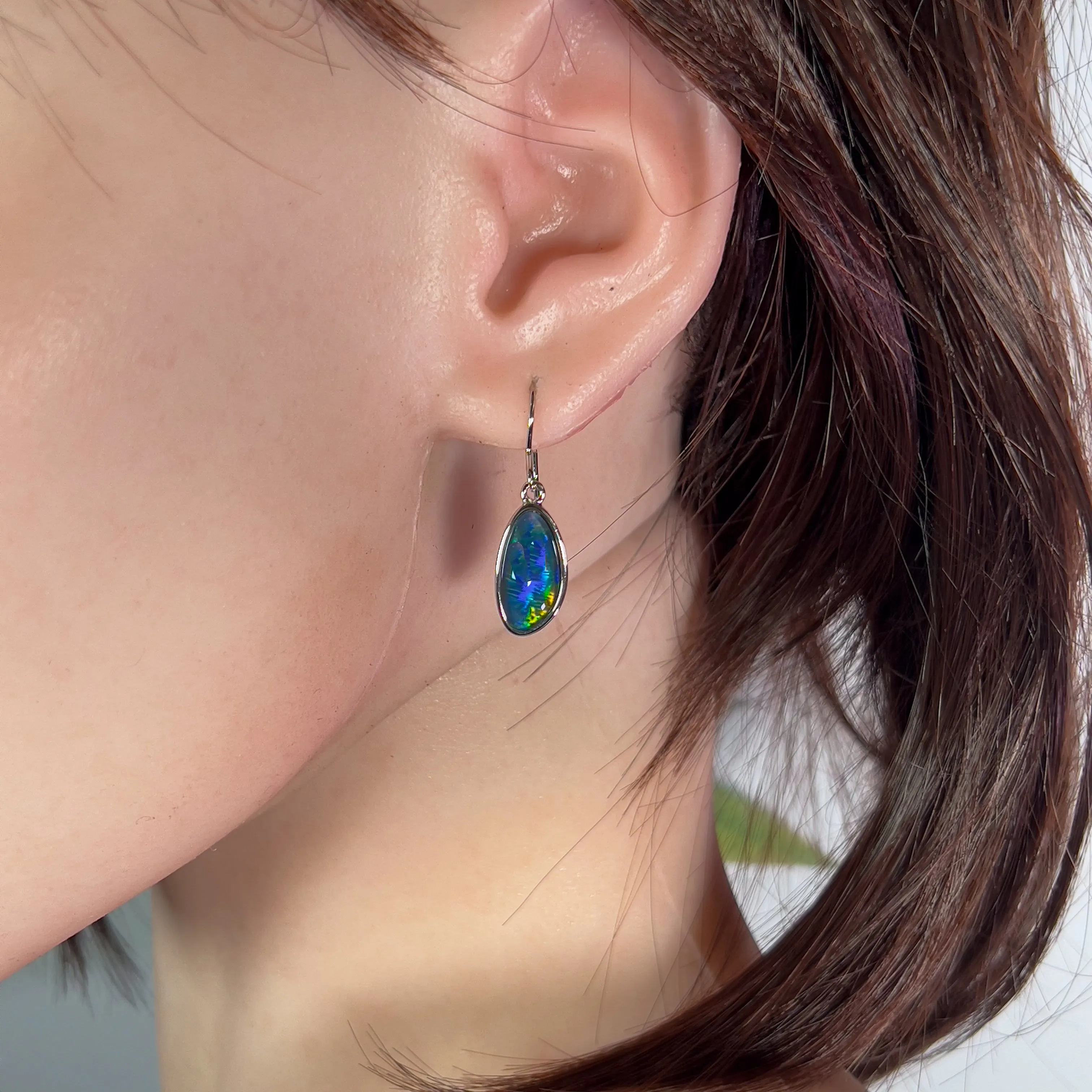 Sterling Silver dangling Freeform shape Opal triplet earrings 16x8mm