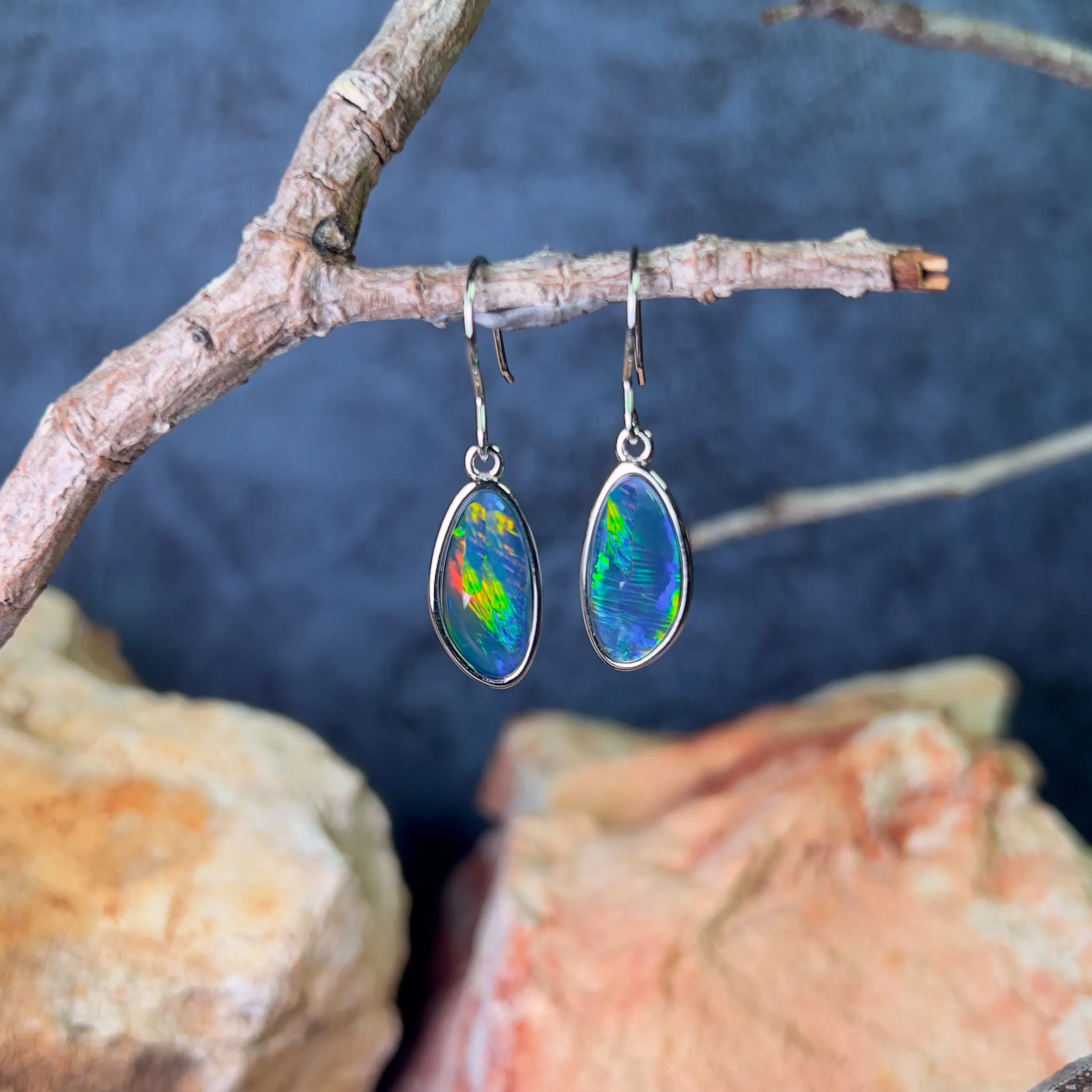 Sterling Silver dangling Freeform shape Opal triplet earrings 16x8mm