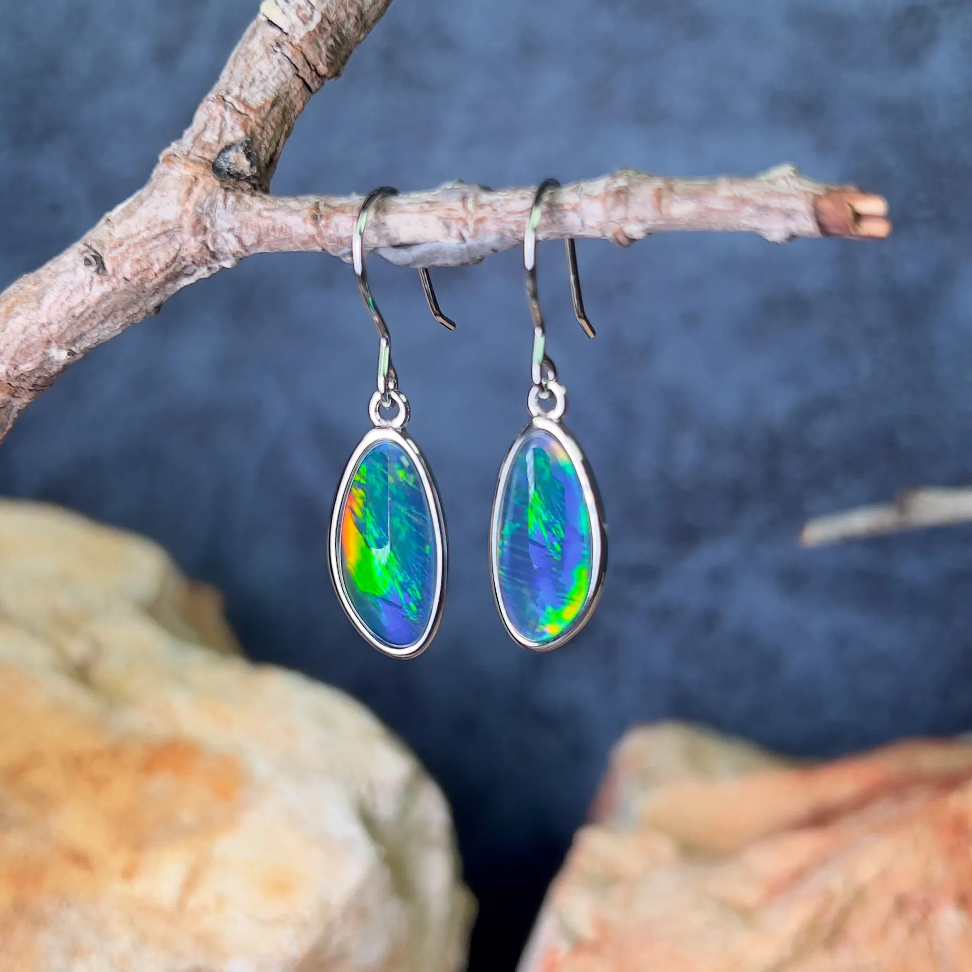 Sterling Silver dangling Freeform shape Opal triplet earrings 16x8mm