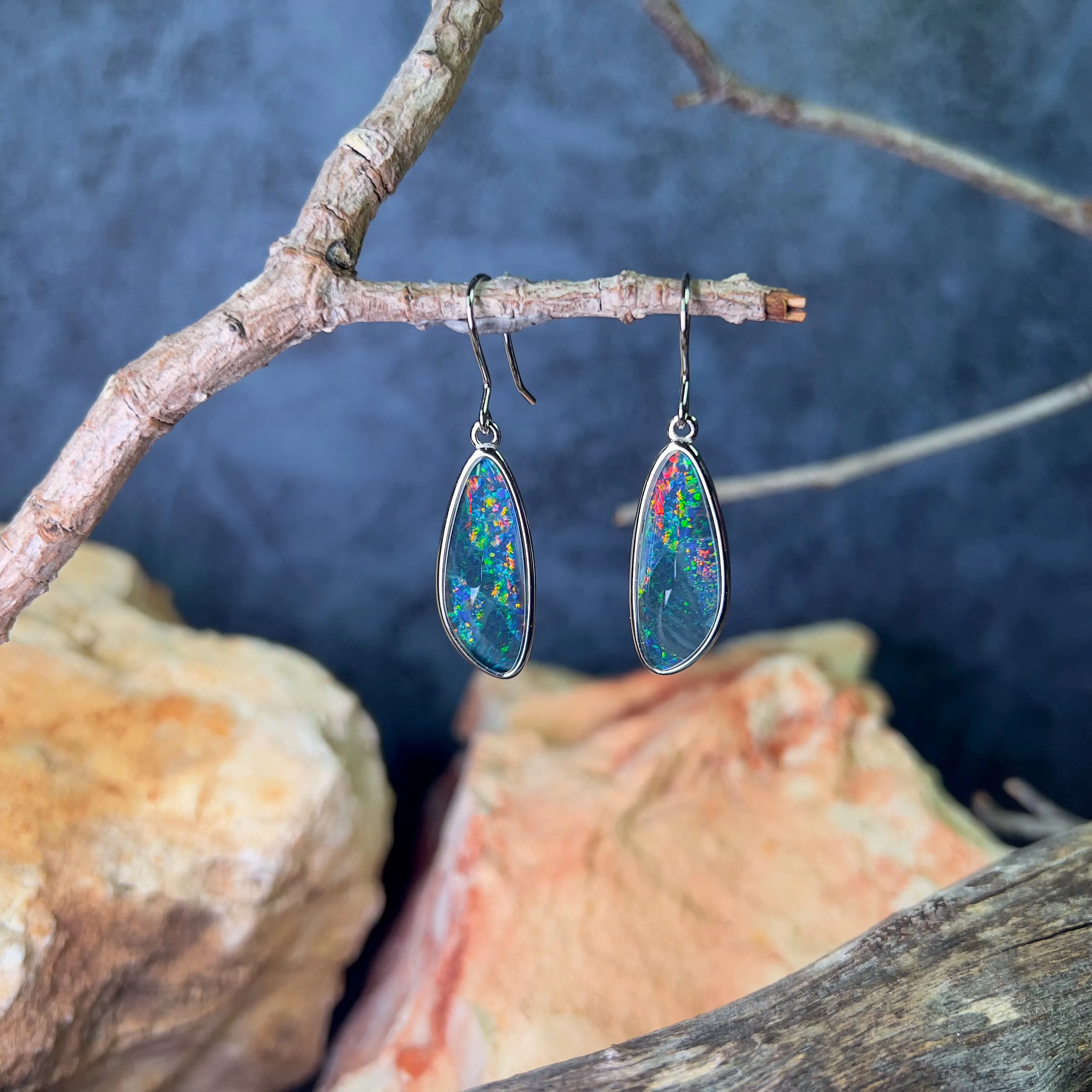 Sterling silver large dangling Opal triplet earrings