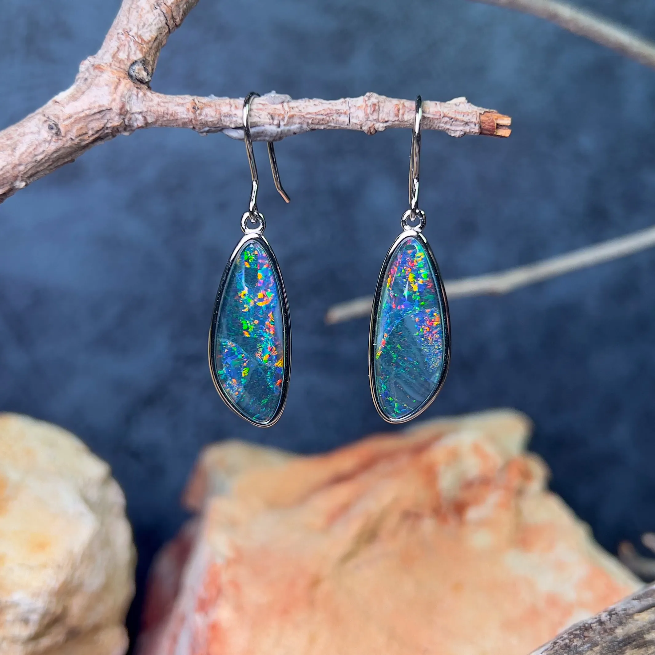Sterling silver large dangling Opal triplet earrings