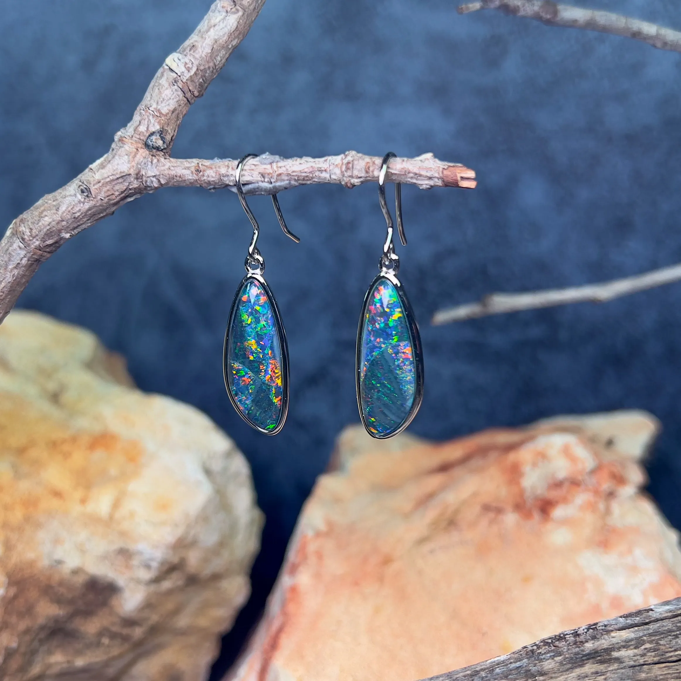 Sterling silver large dangling Opal triplet earrings