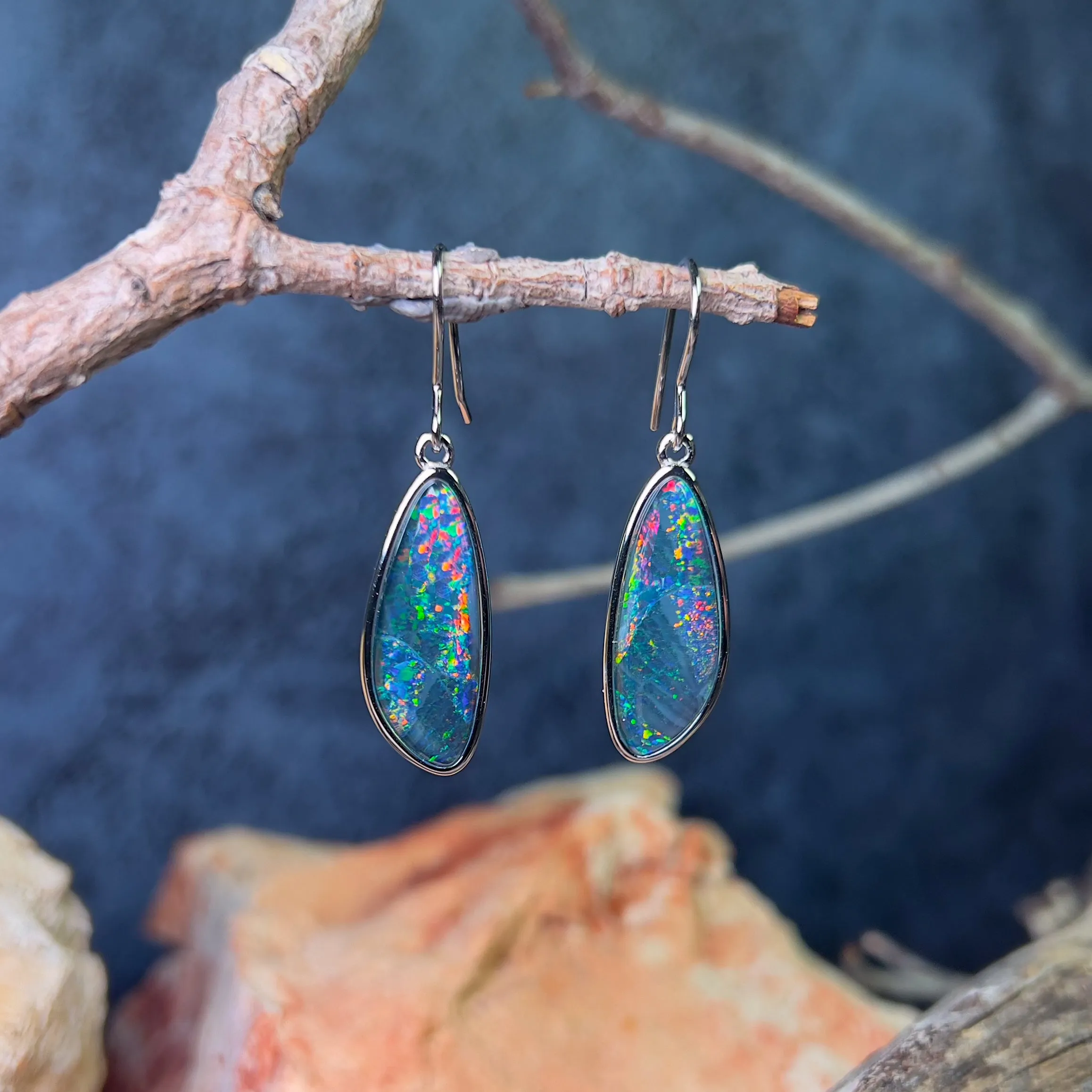 Sterling silver large dangling Opal triplet earrings