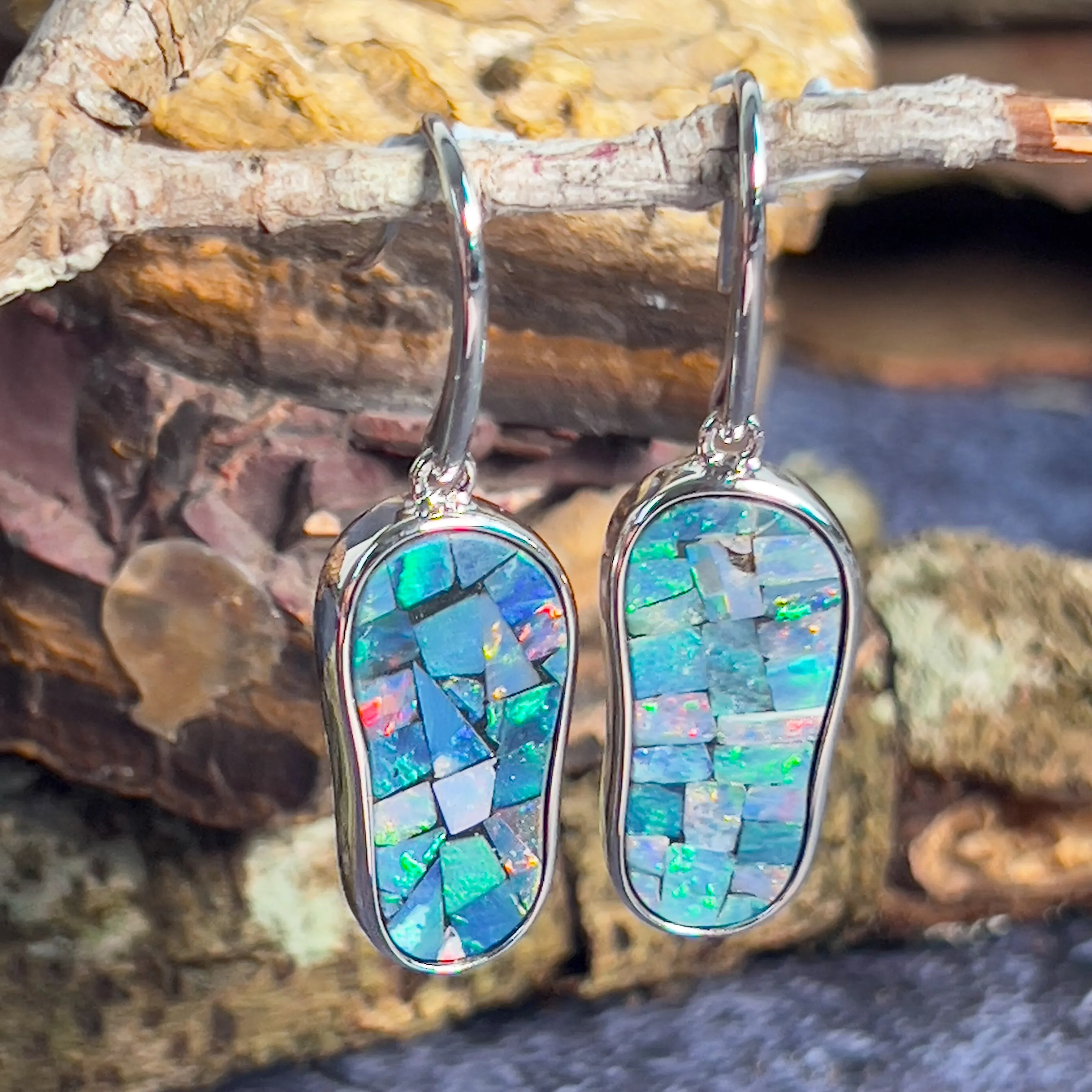 Sterling Silver long drop mosiac Opal earrings
