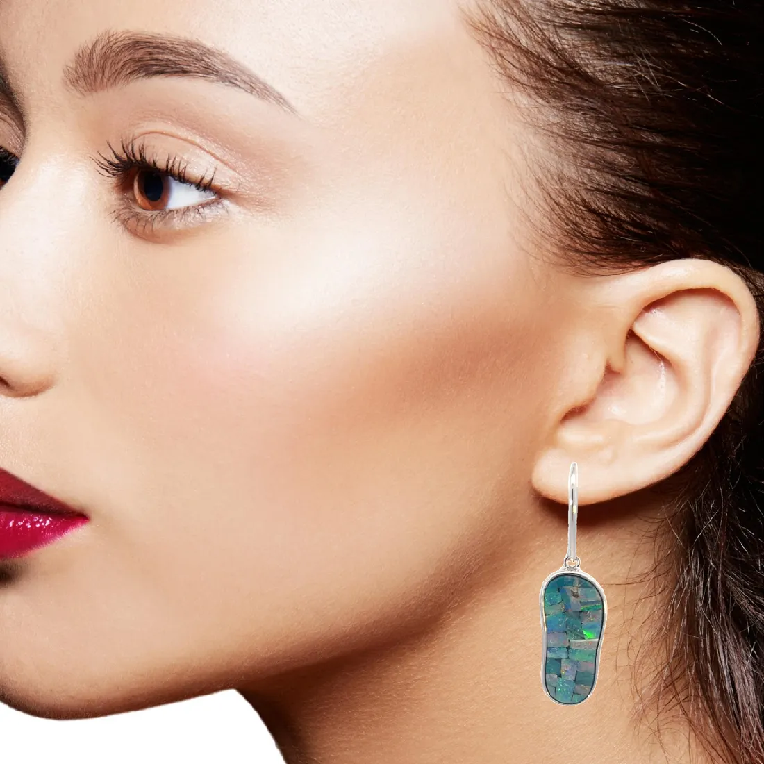 Sterling Silver long drop mosiac Opal earrings