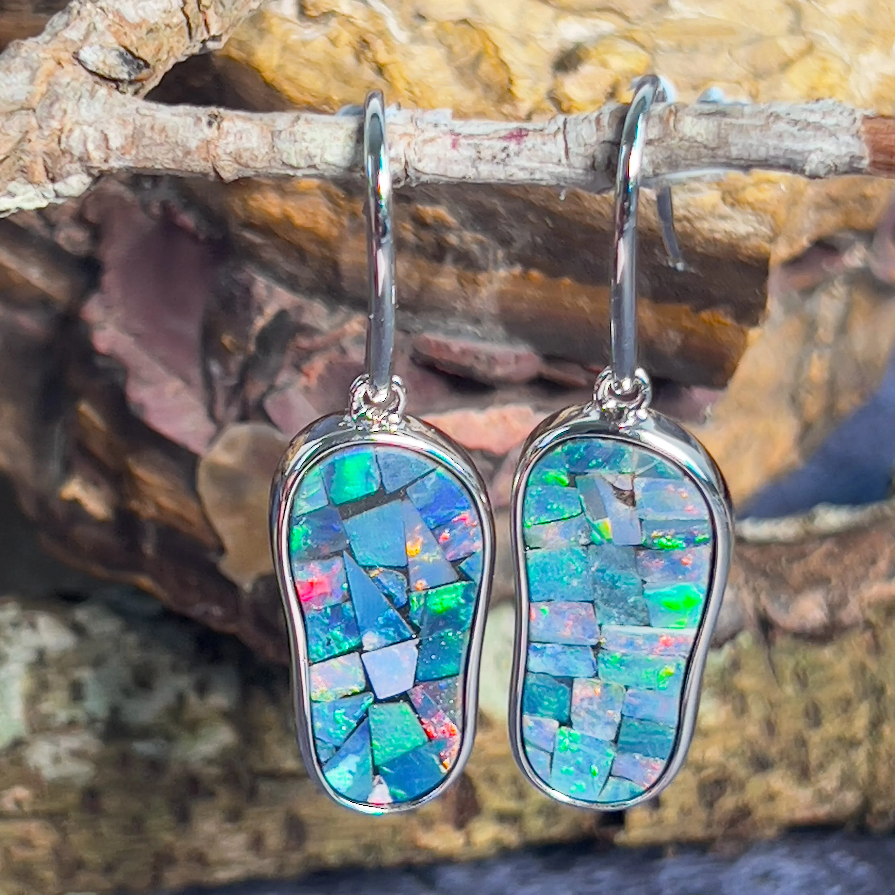 Sterling Silver long drop mosiac Opal earrings