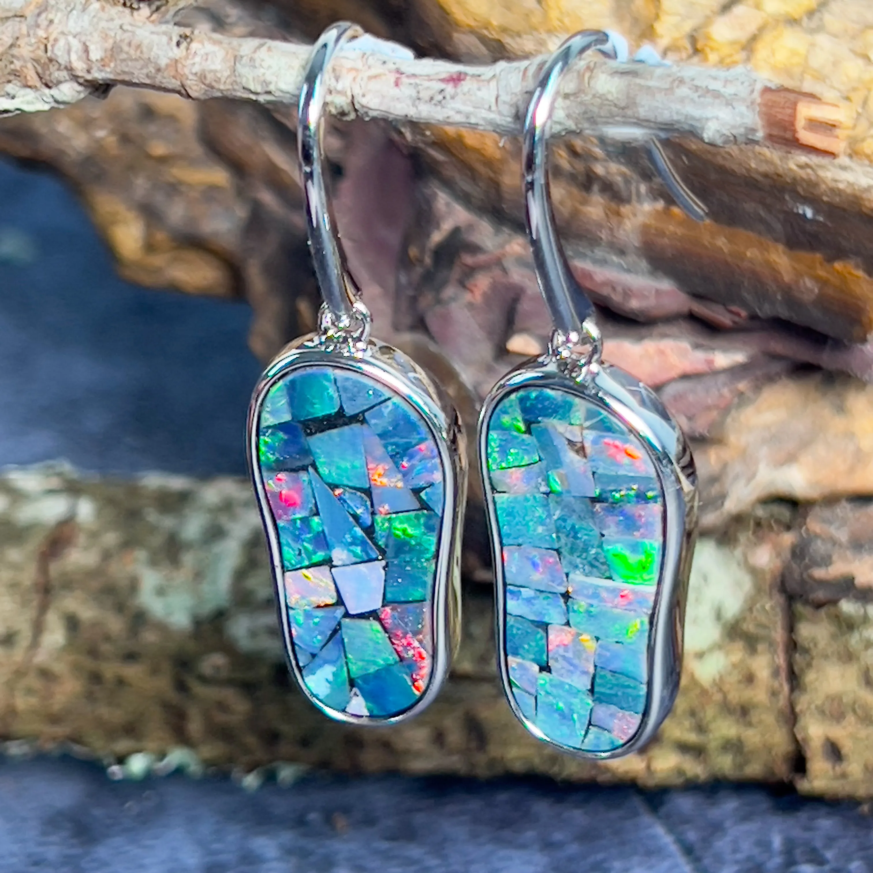 Sterling Silver long drop mosiac Opal earrings