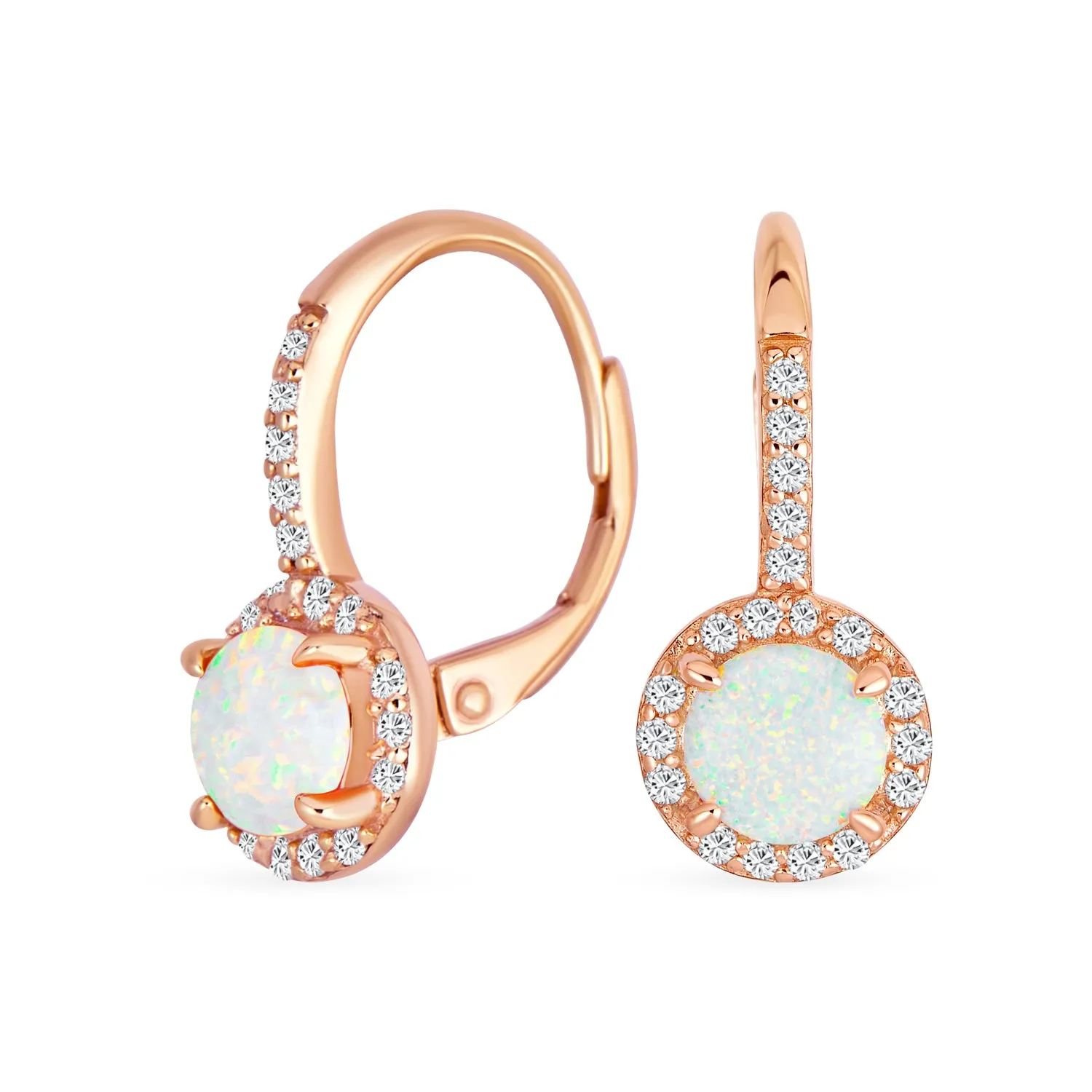 Vintage Dangle Gemstone Earrings CZ Halo Opal Rose Gold Sterling Silver