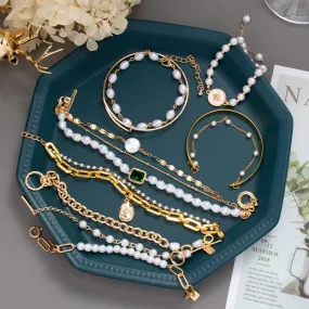 Wenkouban 9Style Vintage Pearl Bracelet For Women Jewelry Boho Coin Geometric Crystal Gold Color Chain Bracelets Bangles Femme Accessories