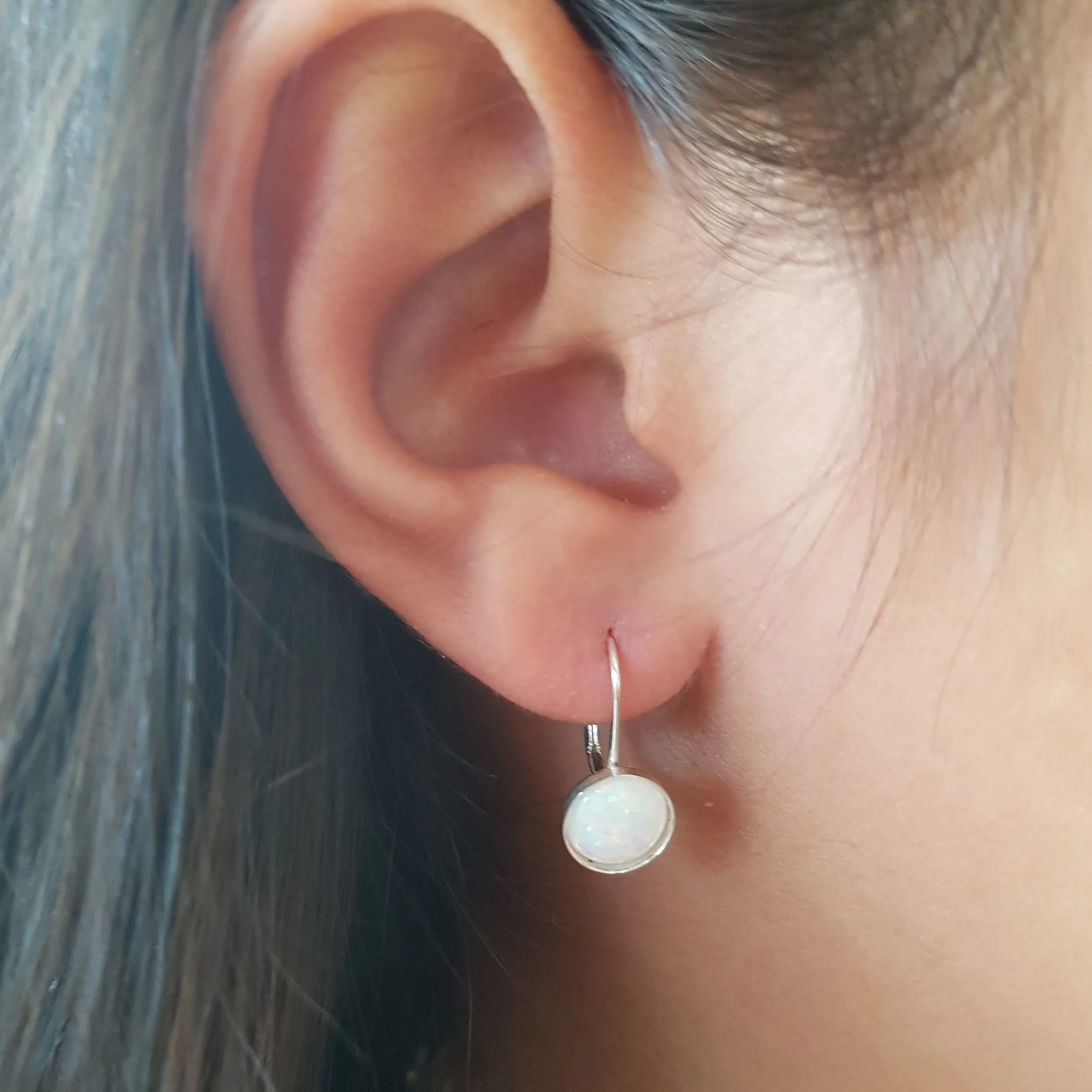 White Opal Dangle Earring Round-Cut 8 mm Sterling Silver Leverback Earrings