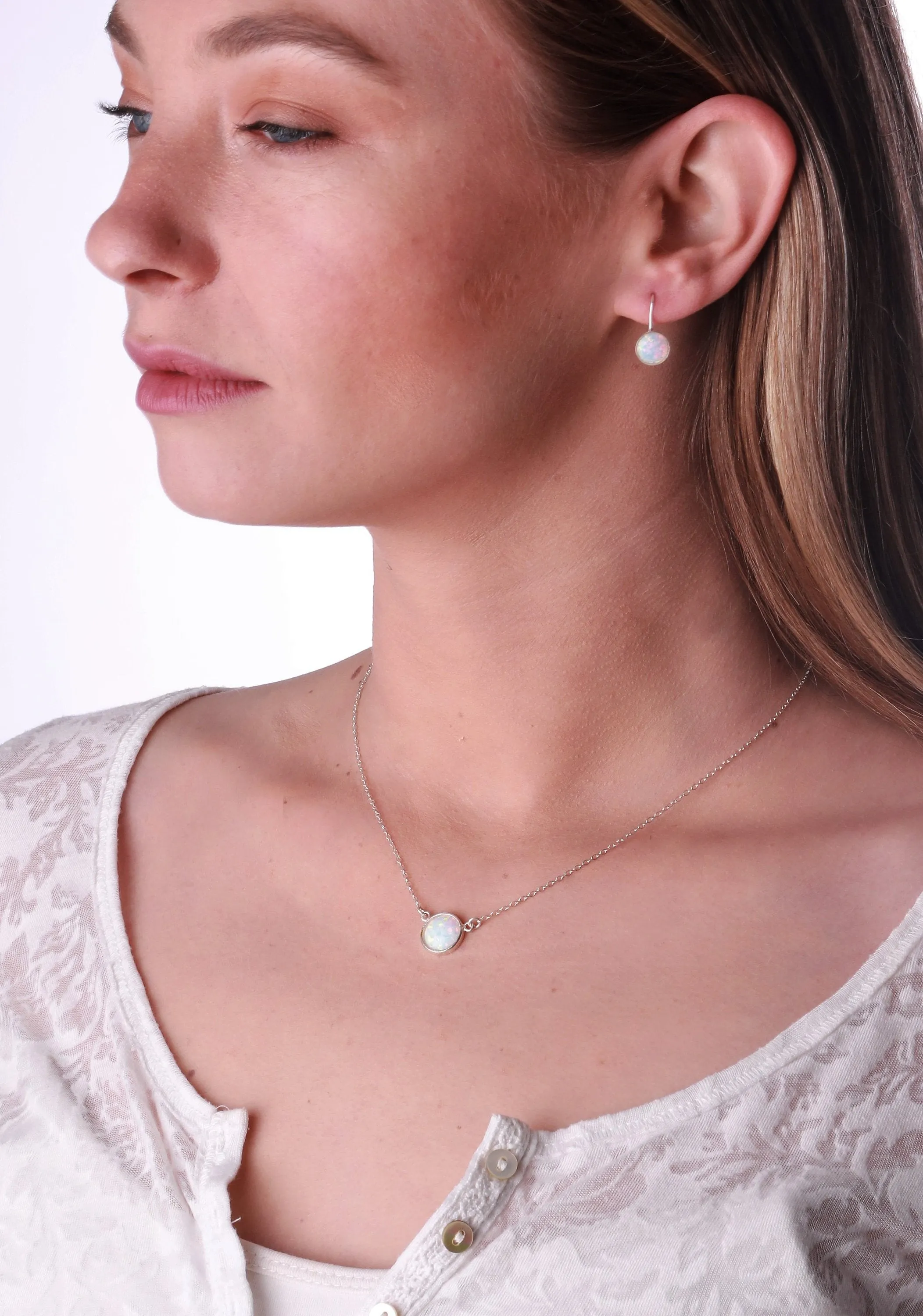 White Opal Dangle Earring Round-Cut 8 mm Sterling Silver Leverback Earrings
