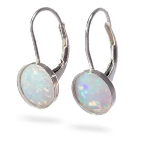 White Opal Dangle Earring Round-Cut 8 mm Sterling Silver Leverback Earrings