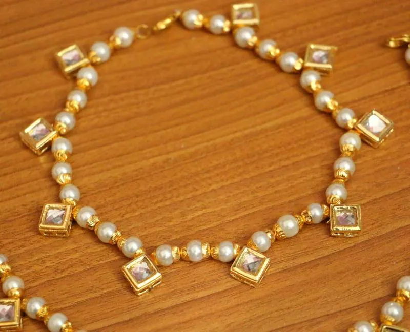 WHITE PEARL AND KUNDAN MEENAKARI ANKLETS
